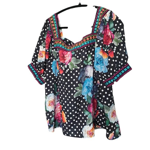 JOHNNY WAS Polkalona Square Puff Sleeve  Neck Park Embroidered Blouse Size XL - Picture 9 of 9